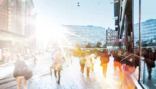 Bright image of a busy crowded street