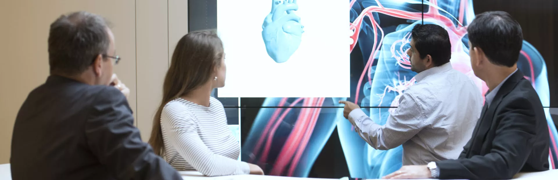 Scientists discussing metabolic conditions with the help of a visualization of human anatomy