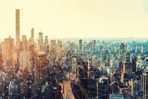 landscape picture of a city skyline with numeric effect on top