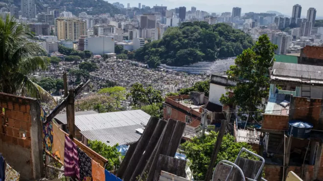 View from a hill with poor housing on a big city in Brazil