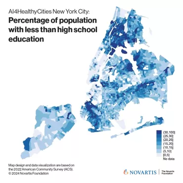 map of New York City shows the percentage of population with less than high school education