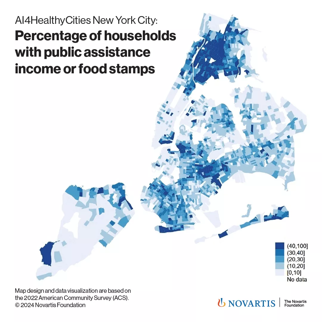 map of New York City shows the percentage of households with public assistance income or reliance on food stamps